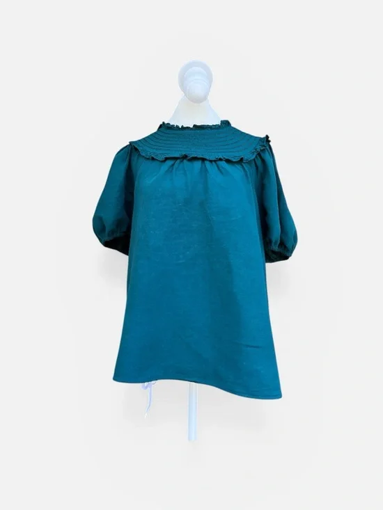 Anthropologie Current Air Smocked Collar Puff Sleeve Top in Deep Teal M - Picture 3 of 12